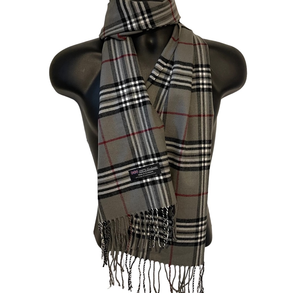 Super Soft 100% Cashmere Grey, Black, White & Red Plaid Scarf
